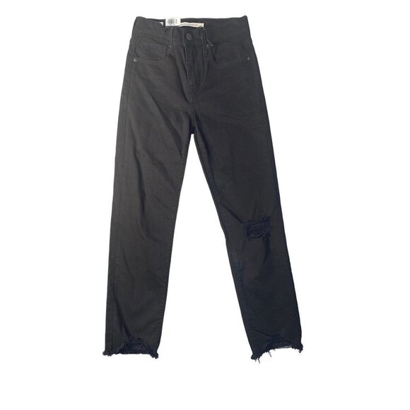 Levis Womens 724 High Rise Straight Crop Leg Jeans Black Frayed Pockets Size 24 - Picture 2 of 11